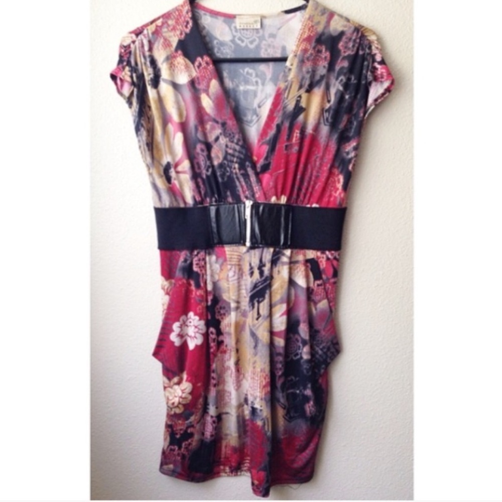 Red Floral Silky Dress with Faux Belt